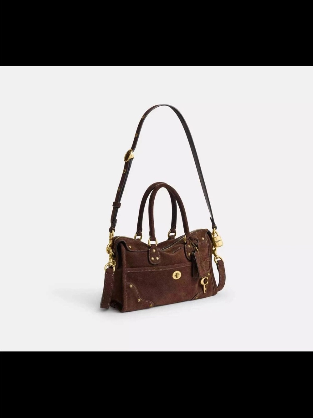 Coach Dark Brown Suede Crossbody Satchel with Gold Hardware